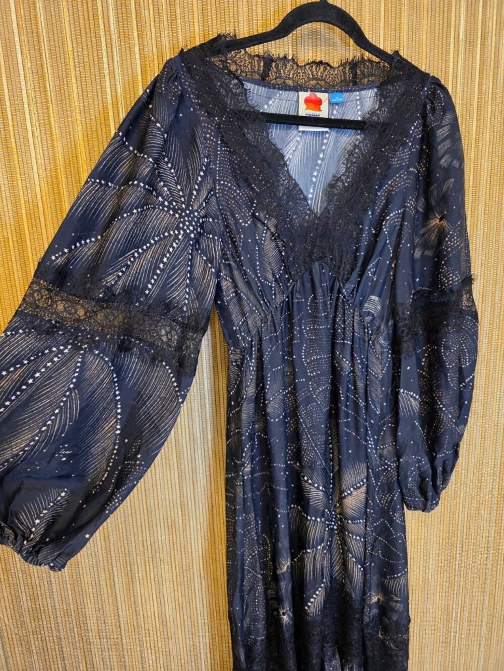 Farm Rio Anthropologie XS Black Metallic Tropical Print Midi Dress Balloon Stars - Picture 4 of 11